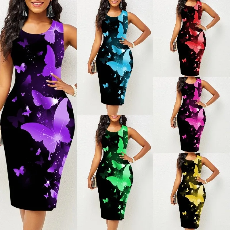 

Party O Neck Sleeveless Prom Dress Butterfly Print Multi-color Midi Dress for Women 2026 Elegant Cocktail Birthday Evening Dress
