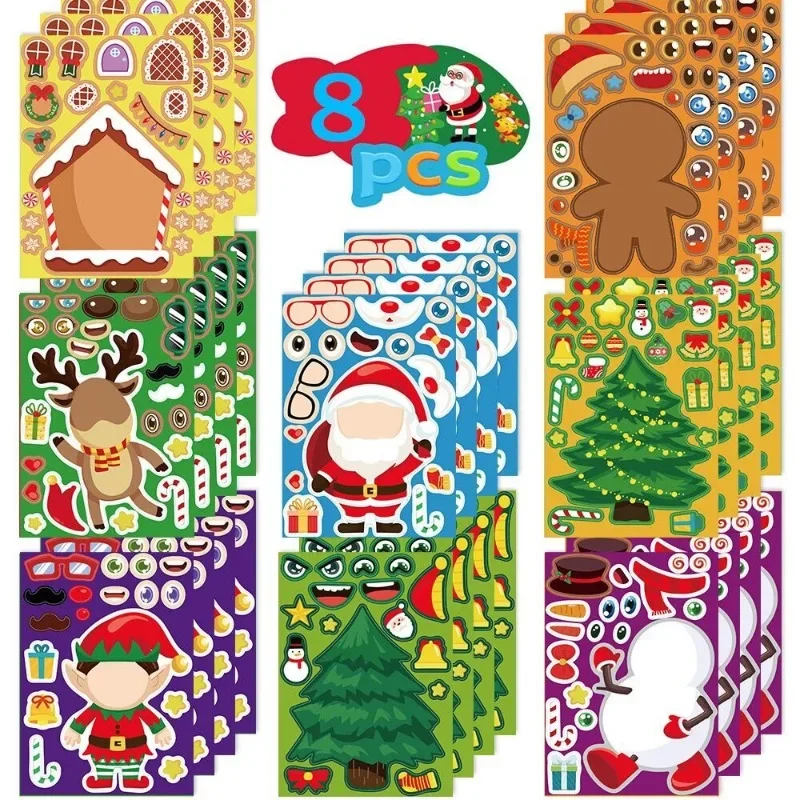 32/16/8 PCS Children DIY Puzzle Cute Sticker Santa Christmas Tree Socks Face Assemble Stickers Kids School Supplies Stationery