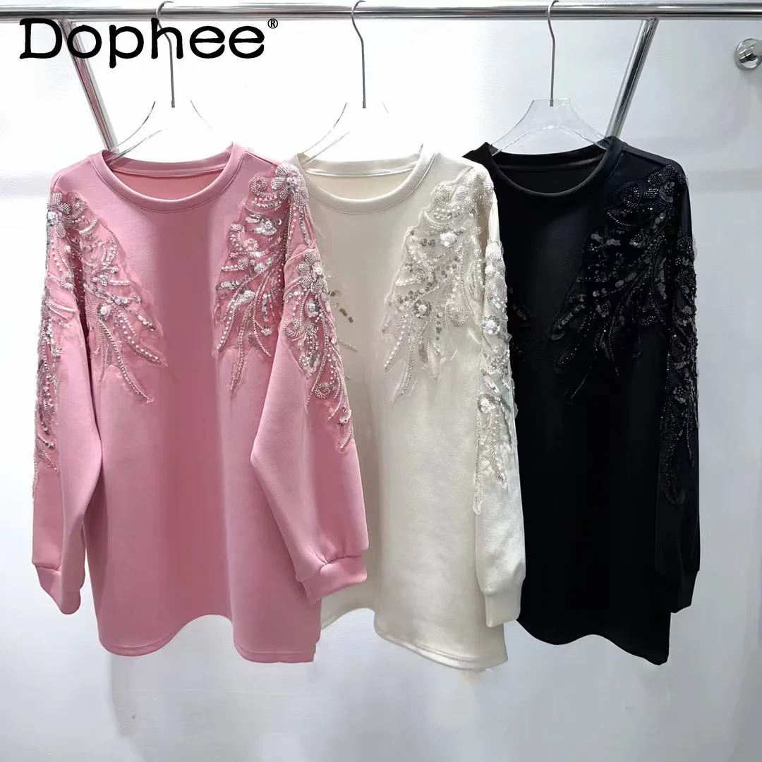 2024 Autumn New High-end Heavy Industry Sequined Beads Loose Sweatshirts Versatile Pullover Mid Length Round Neck Pink Top