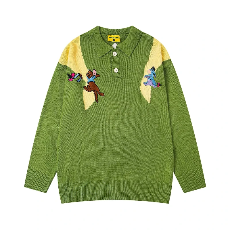 미국 레트로 베어 컬러 블록 라펠 스웨터 유니섹스 가을 루즈 캐주얼