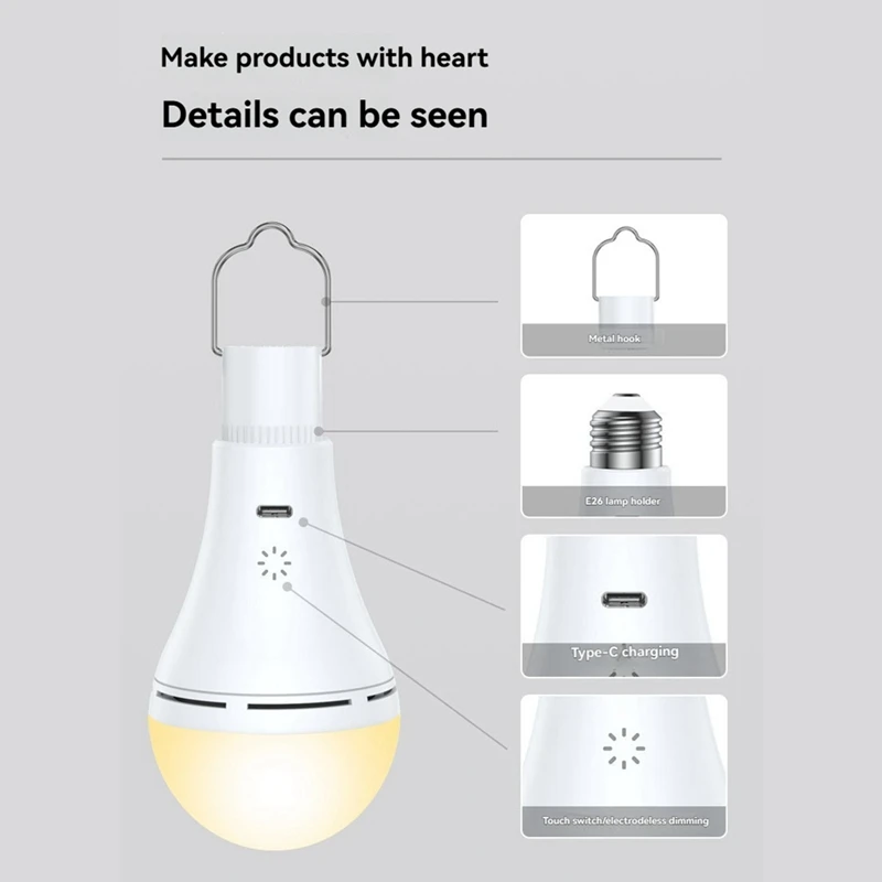 Bombilla LED recargable por USB inalámbrica con atenuación táctil inteligente, interruptor de sincronización remota de temperatura de 3 colores para el hogar al aire libre