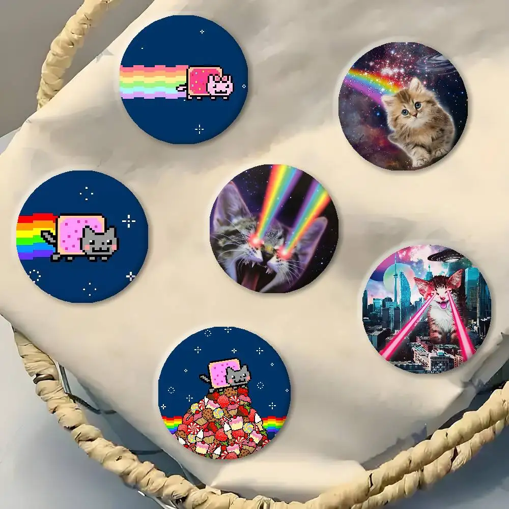 Cute Funny Rainbow Alien Cat Badge Peripheral Lapel Pins Tinplate Round Brooch For Shoulder Bag Accessories Souvenir Gifts