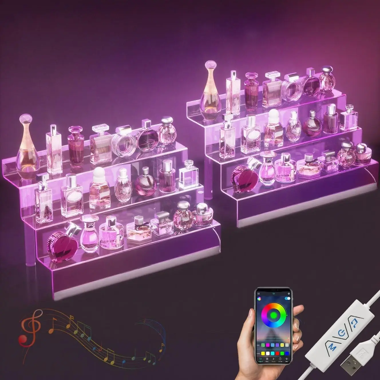 

16-дюймовый акриловый LED-органайзер с 3-ярусными полками для парфюмерии, одеколонов и фигурок - 2 прозрачных подставки-стеллажа