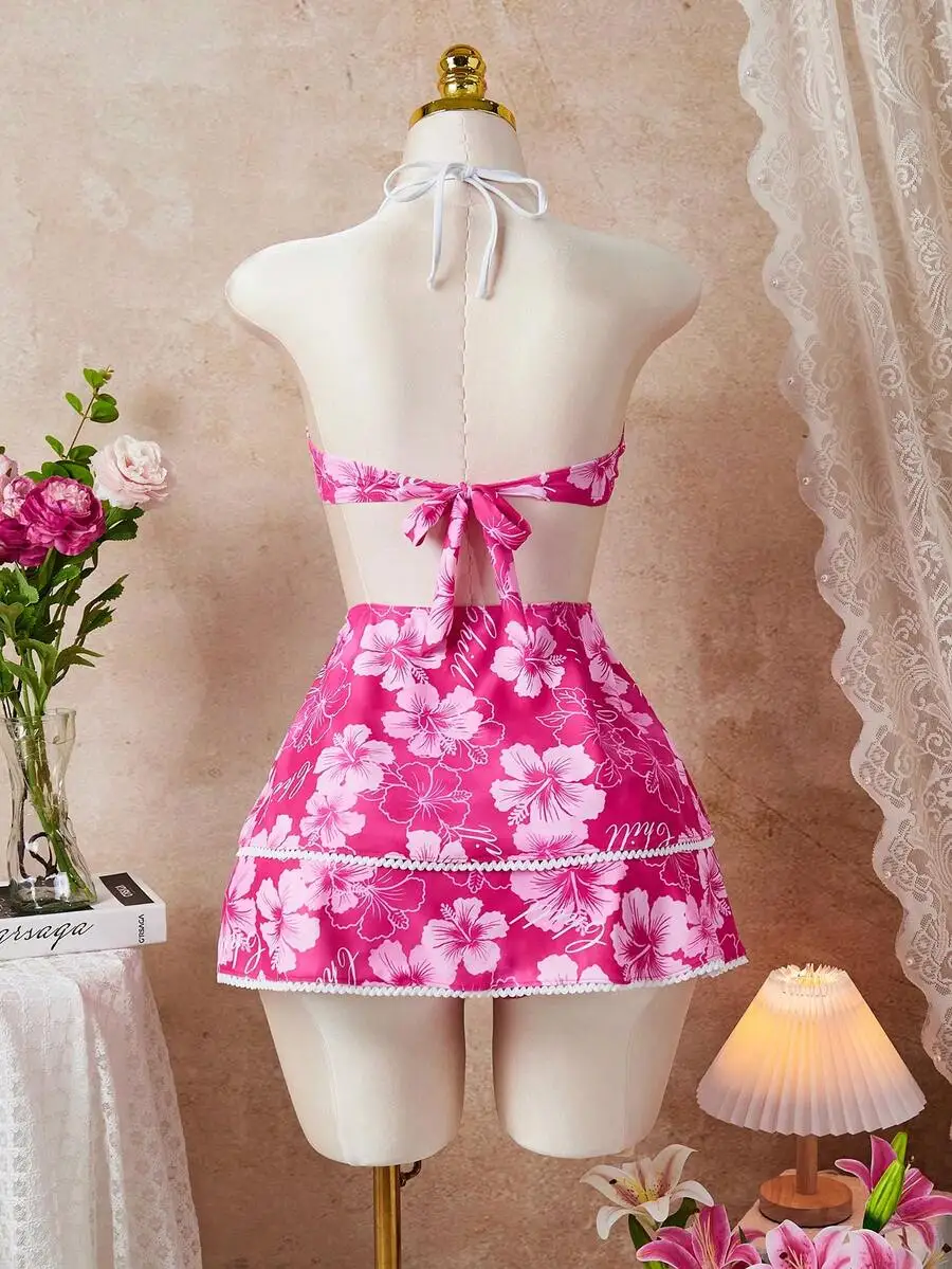 

Pink Hibiscus Print Halter Mini Dress With Back Tie, Layered Ruffle Skirt And Sweet Babydoll Silhouette For Summer Beachwear
