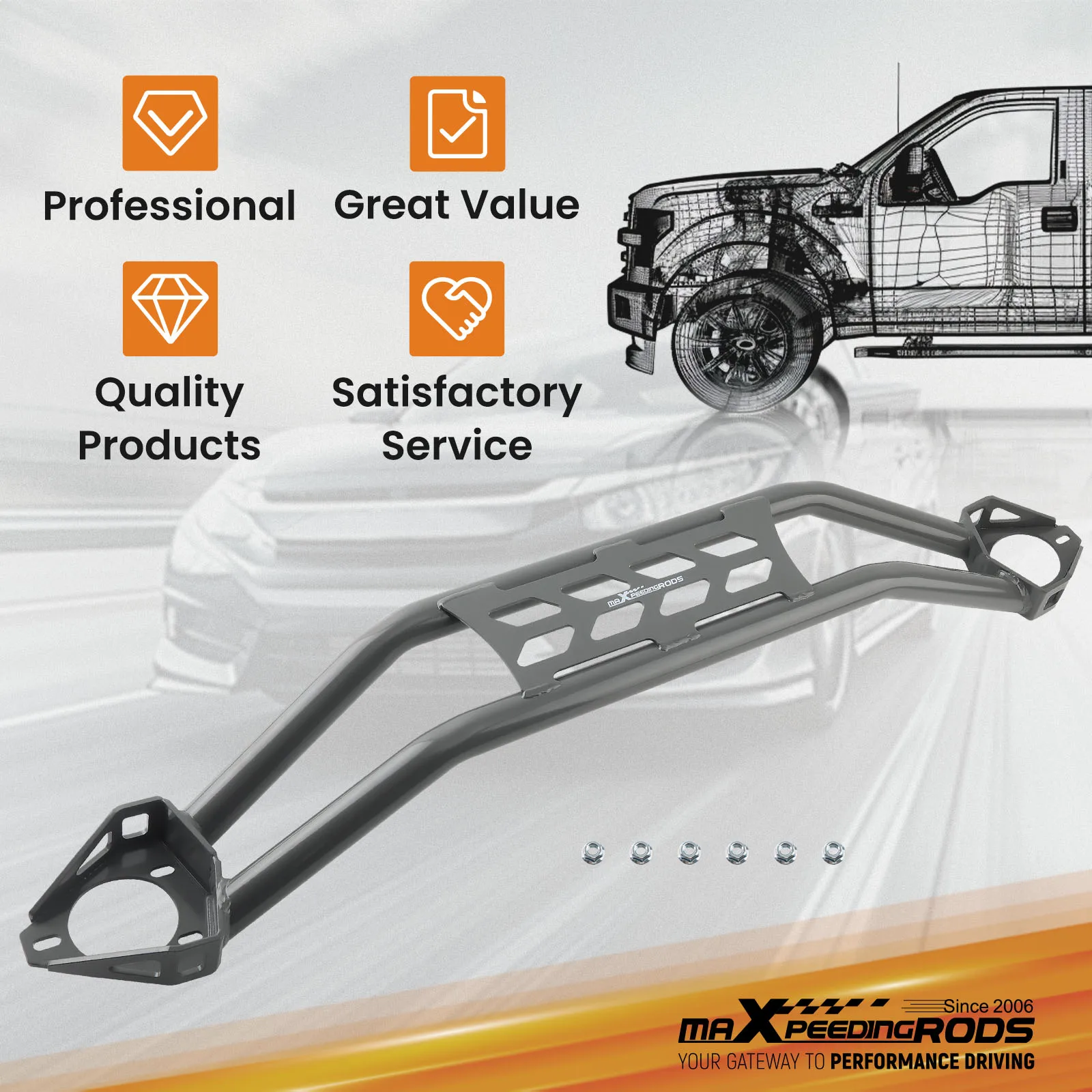 Single Front Strut Tower Dual Bar Brace Improved for Dodge Charger 6.4L 392 2012-2023 Brand New Set