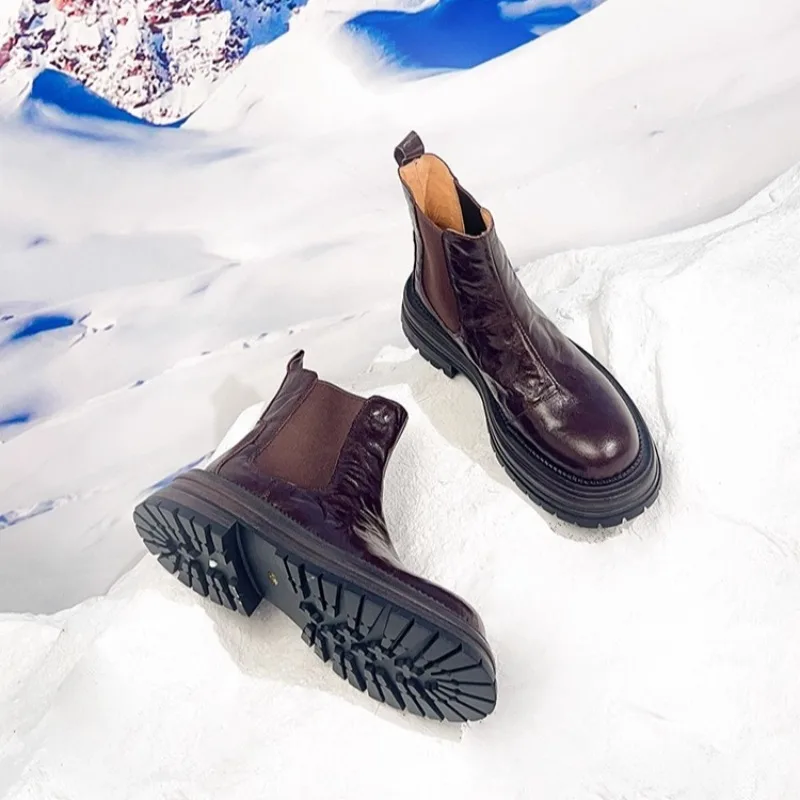 

Британские итальянские высококачественные утягивающие ботинки челси из овчины на толстой подошве, женская обувь, осенне-зимние повседневные ботинки из натуральной кожи