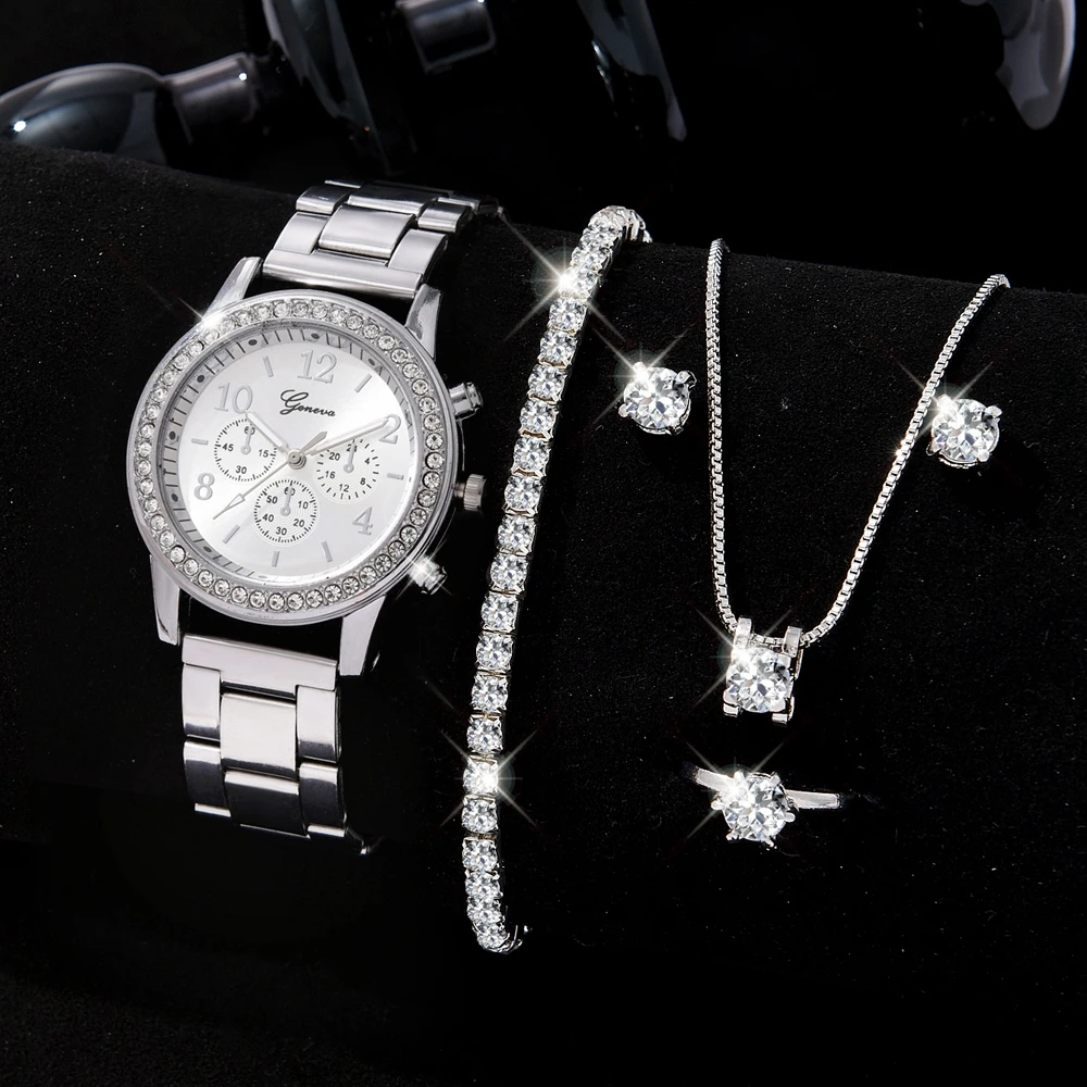 6PCS Quartz Watch Set Women Fashion Silver Round 3 Eyes Alloy Strap Wristwatch Gift Rhinestone Watch For Women Jewelry Set