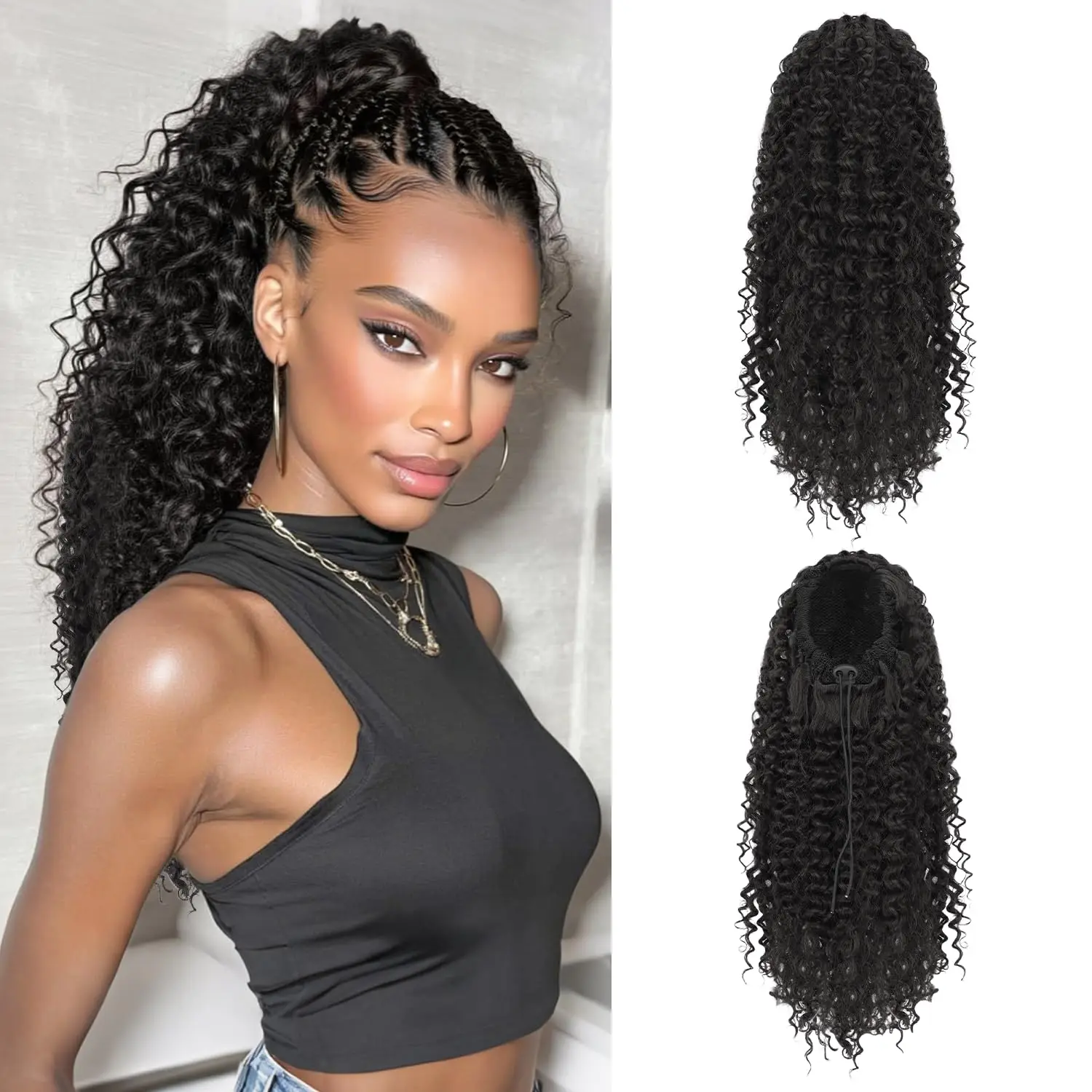 Ponytail Extension,Curly Drawstring Ponytail Extension for Women Natural Black Curly Clip in Hair Extensions 18 Inch Synthetic