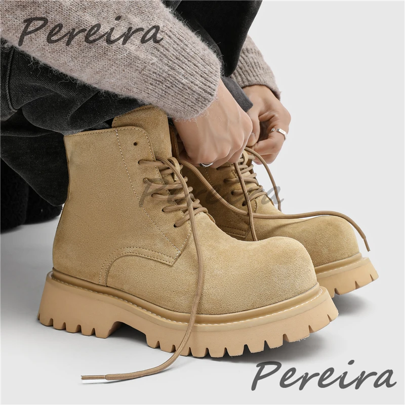 

Thick Soled Big Round Toe Motorcycle Boots Spring Autumn New Retro Versatile Men's Lace-Up Short Boots Trendy Casual Shoes