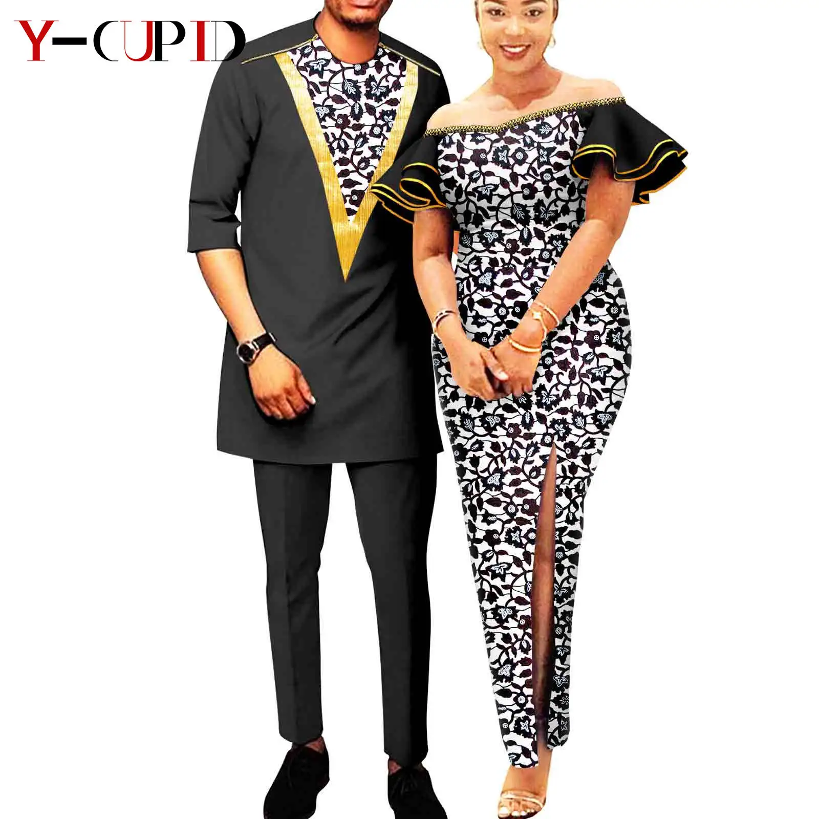 African Print Dresses for Women Ruffles Sleeve Fit Dresses Matching Couple Outfits Dashiki Men Zipper Shirt Pants Sets Y23C003