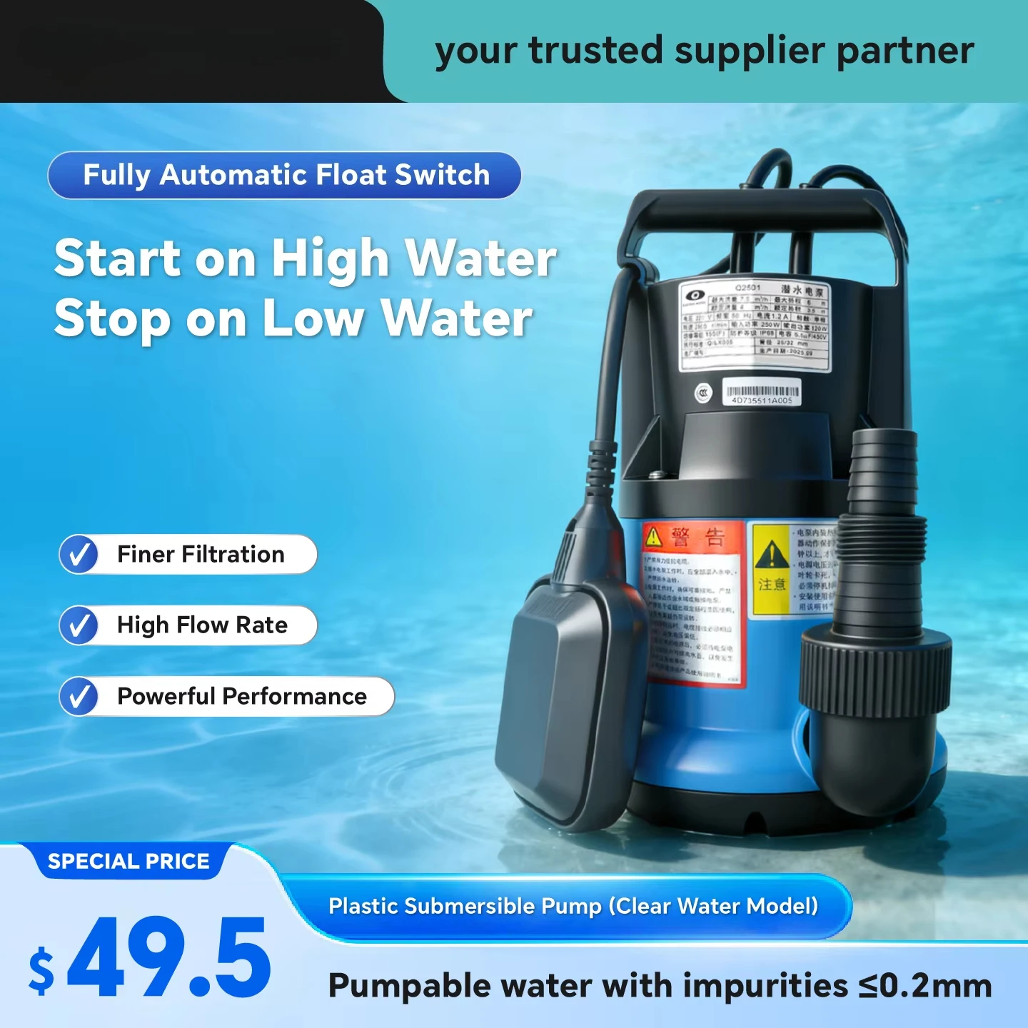 Submersible Water Pump with Float Switch Automatic Clean Water Pump for Pool Draining Basement Flood Garden Irrigation
