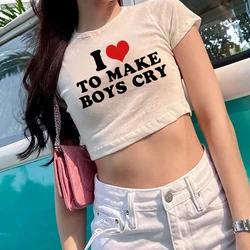 Harajuku Letter I Love To Make Boy Cry T-Shirt Short Sleeve Crop Tops Women Y2k Aesthetic Streetwear Cropped Tops Tee Female