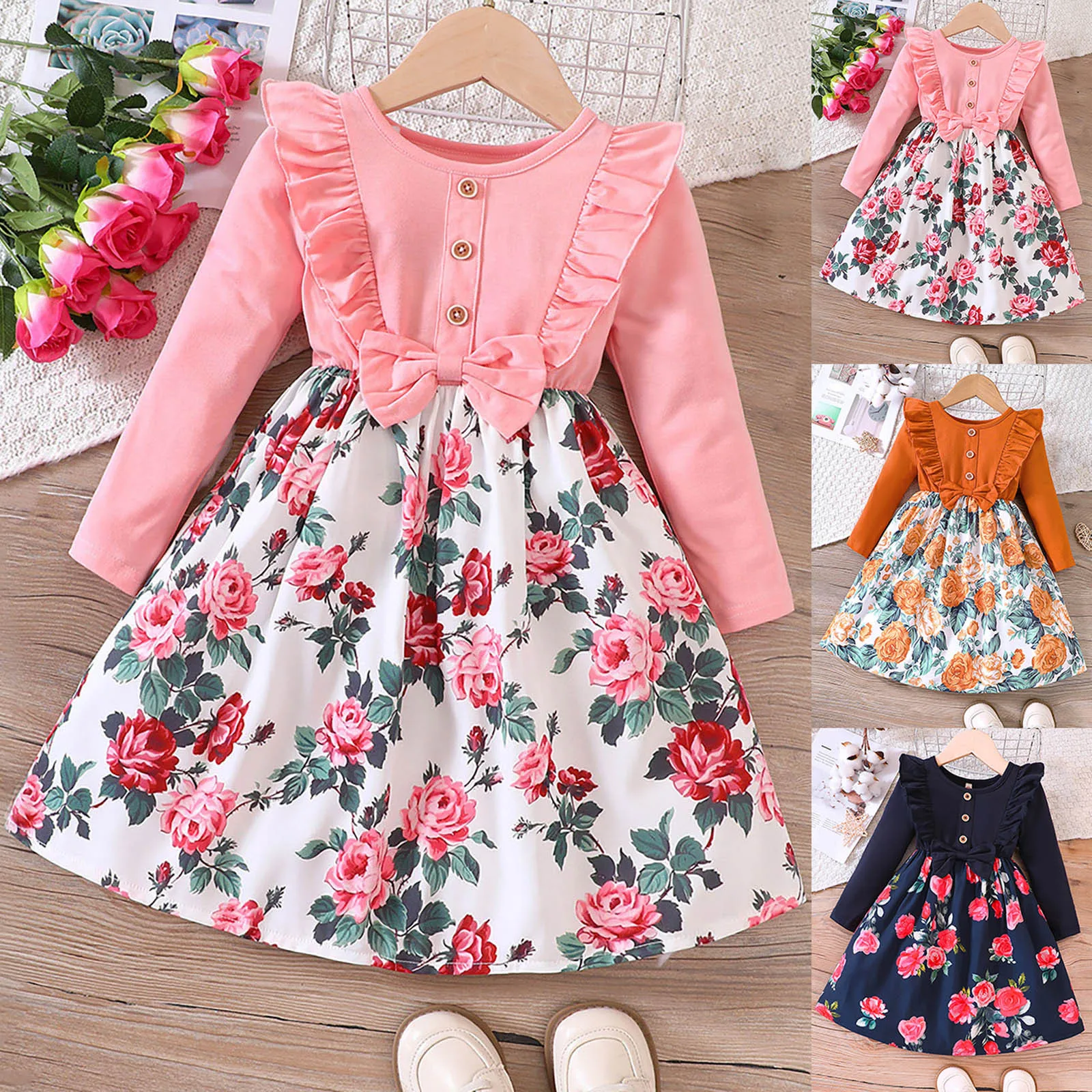 Long Sleeve Floral Dress For Toddler Girls Autumn Ruffles Bowknot Flowers Print Princess Dress Children Party A-Line Grown Dress