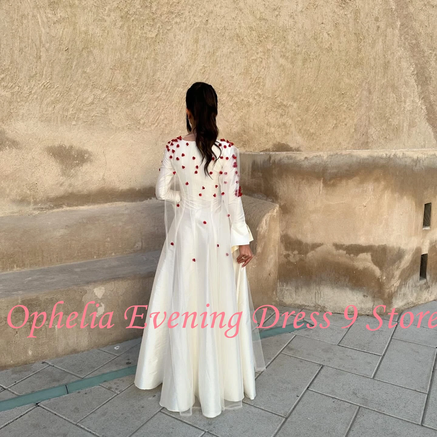 Customized Fashion Crew Neck Satin Long Sleeves Appliques Evening Dresses Elegant Floor Length Celebrity Gowns Vestido De Noche