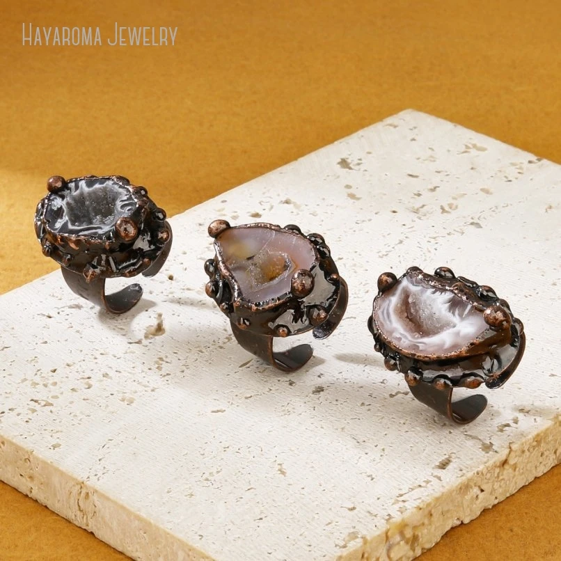 

10Pcs Agate Druzy Geode Crystal Electroformed Copper Statement Ring Women Gift Natural Stone Witch Jewelry