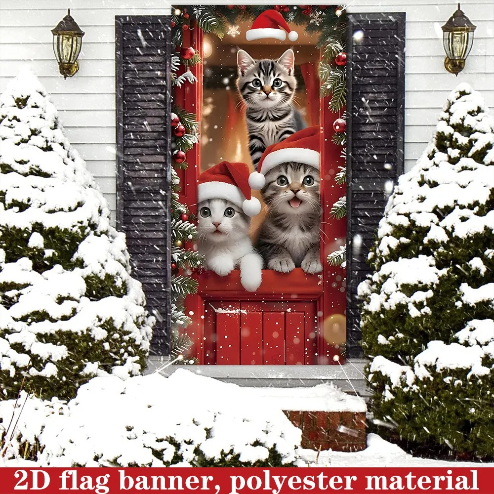 Custom 2D Flat Christmas Door Banner, Cat With Christmas Hat Pattern  Polyester Door Cover Flag, Xmas Home Party Decor