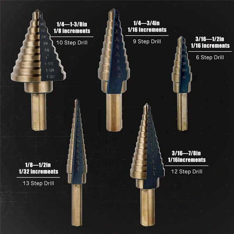 

AONEQ-5Pcs Step Drill Bits For Metal, Wood, Plastic, 50 Sizes Tri-Flat Shank HSS Titanium Step Drill Bit Set With Center Punch
