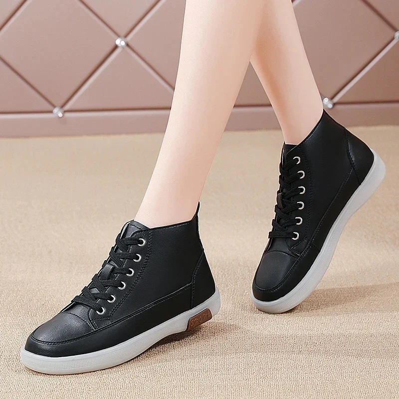 Autumn New Leather White Women Shoes Flat Soft Sole Comfortable Casual High Top Shoes for Women Sneakers Zapatos De Mujer