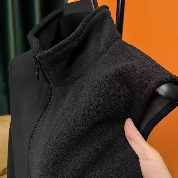New Fleece Vest Men's Winter Versatile Sleeveless Vest Solid Color Zipper Jacket Sports