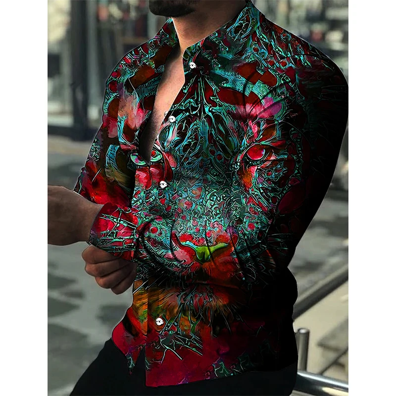 Full Print Animal Tiger Pattern Shirts For Men Casual Long Sleeve Oversized Button Down Shirts Fashion Comfortable Blouse Top