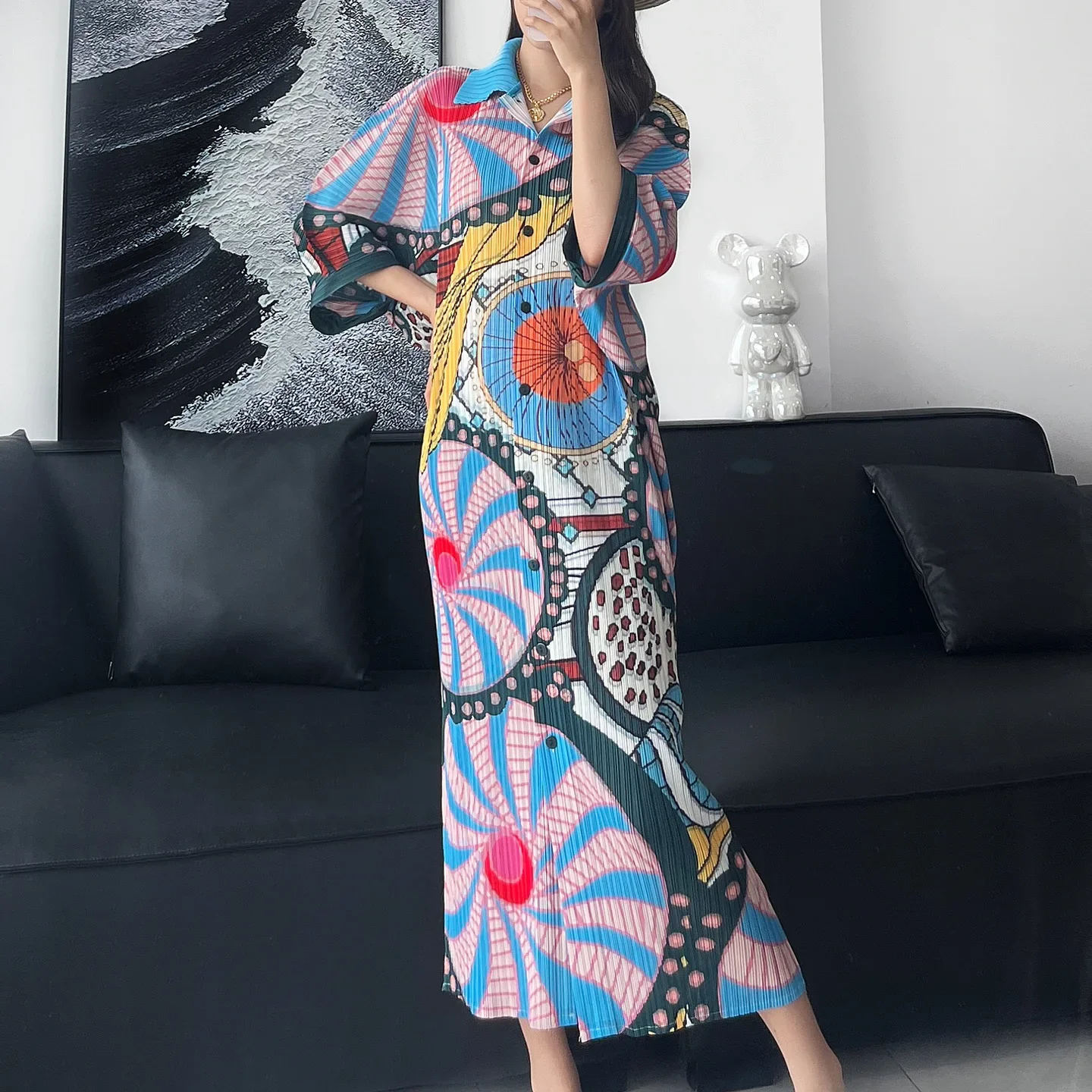 Pleats Original Print Dress 2024 Spring Summer New Pleated Dress Fashion Short-sleeved Elegant Female Temperament Long Dresses