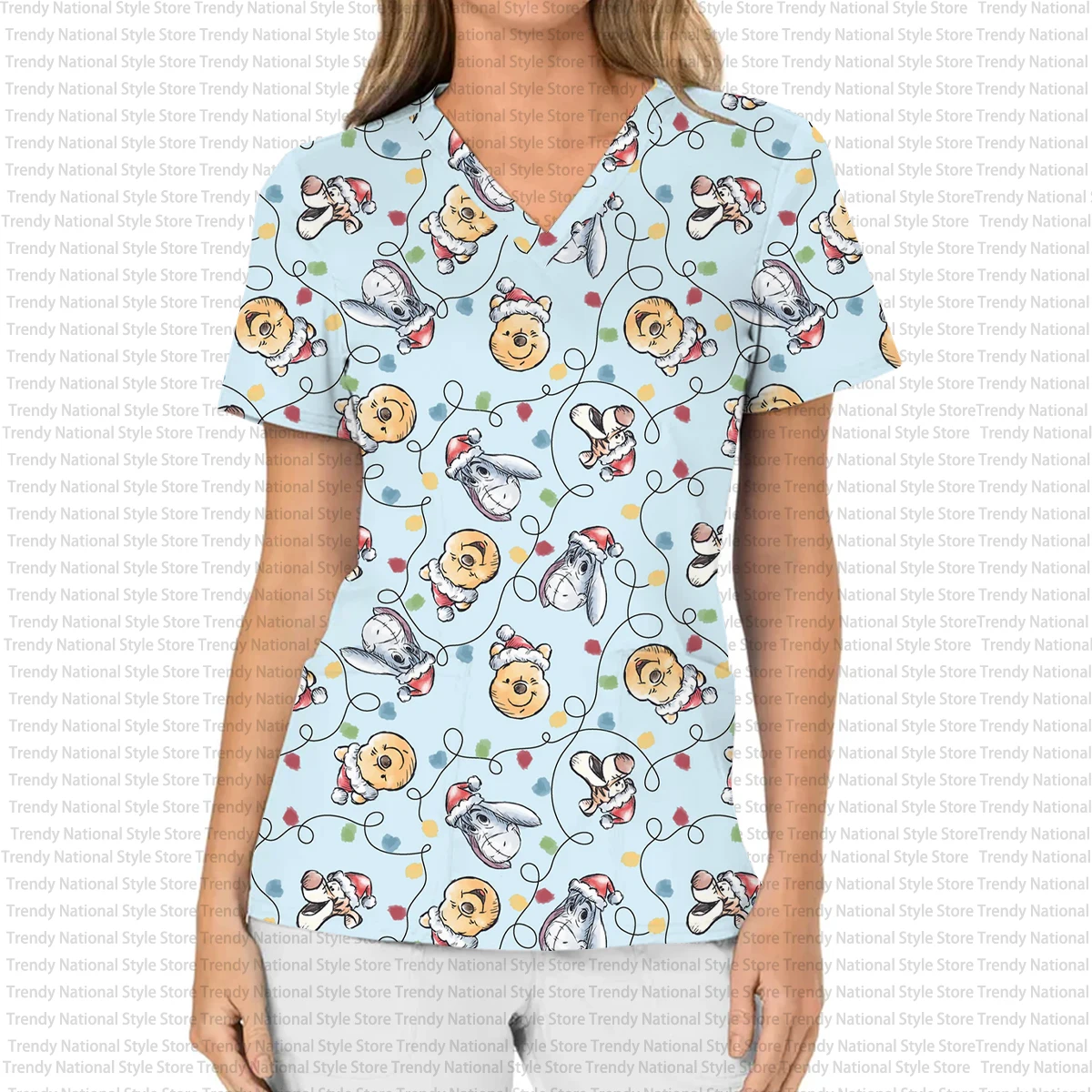夏のファッションエレガントなディズニーくまのプーさん漫画プリント女性の作業服つや消しトップ V ネックポケット半袖 Tシャツ