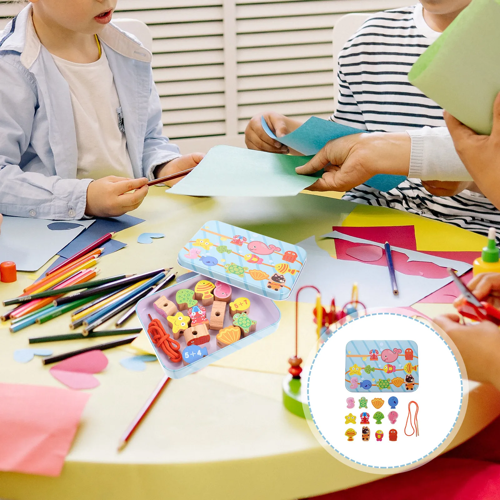 1Set String Beads Cartoon Educational Wooden Beading Early Learning Threading Game for Motor Skill Development Cognitive