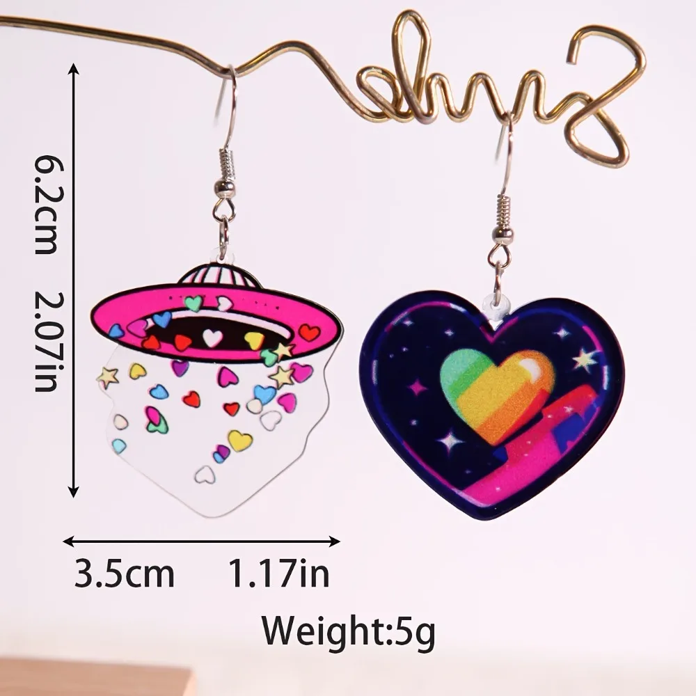 Y2K Rainbow Heart 2D Acrylic Earrings Asymmetric Alien Spaceship Colorful Love Star Drop Earrings Aesthetic Women Party Jewelry