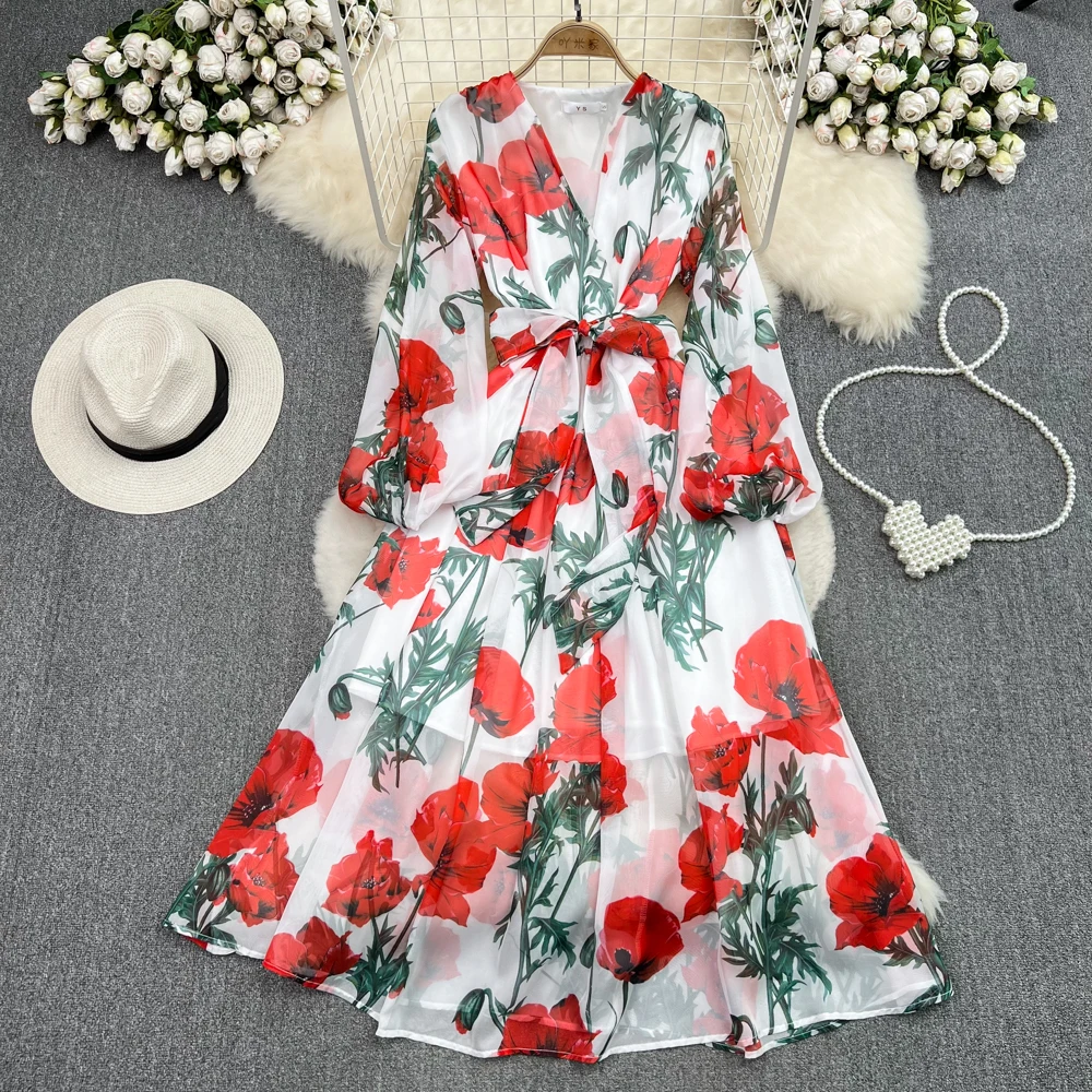 Floral Long Sleeves Clothing Casual Sweet Women Fashion Elegant A Line Party Female Chic Vestido V Neck Lantern Bandage Dress