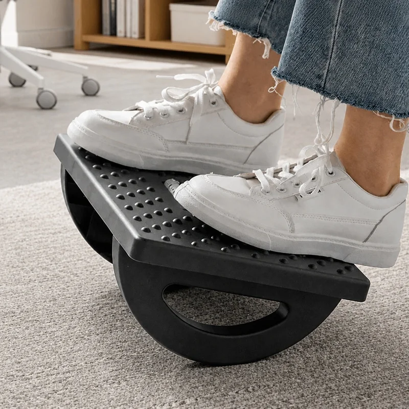Adjustable Under-Desk Foot Stool with Built-In Massage Rollers for Home and Office Comfort