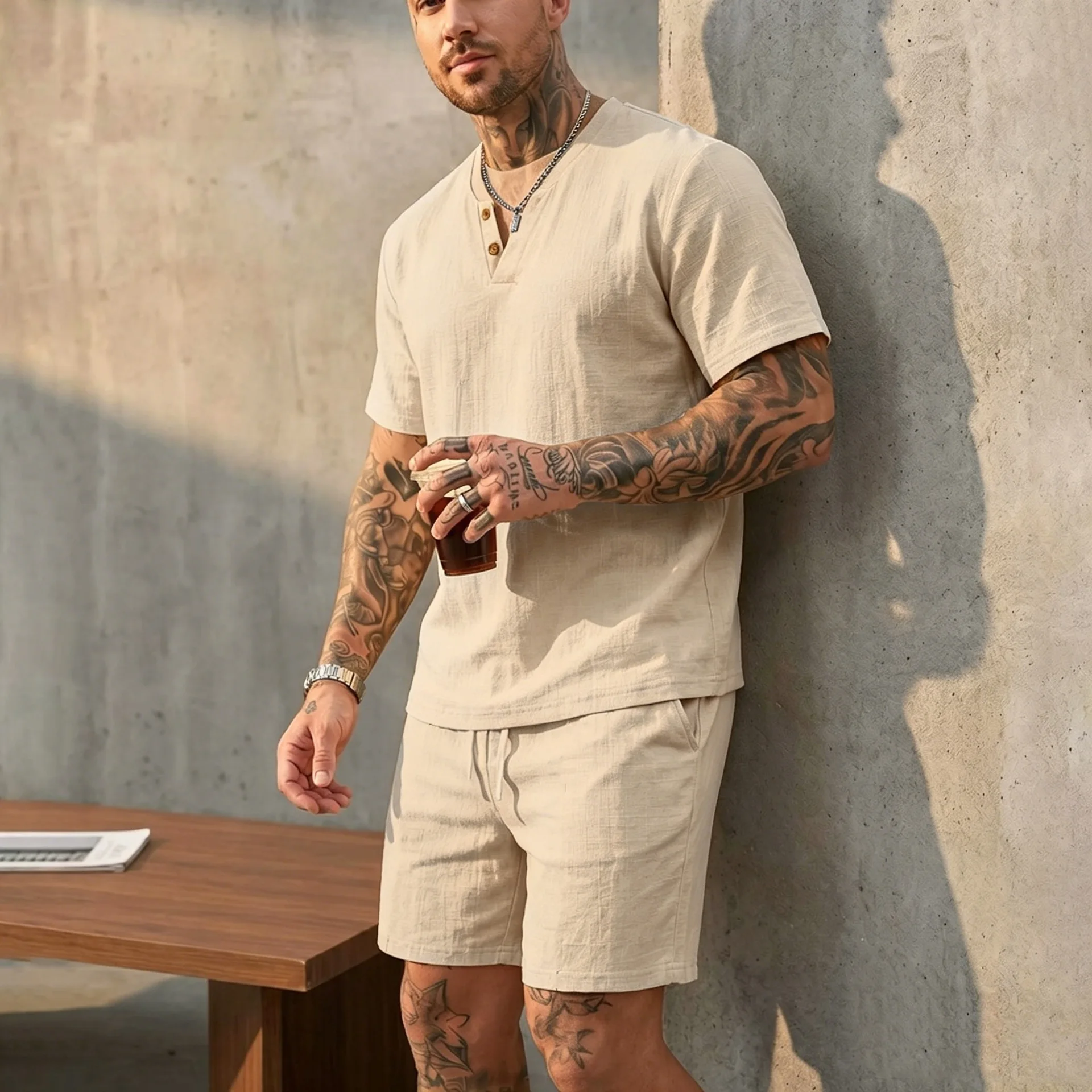2026 Sommer Europäisch-Amerikanisches Herren-Leinen-Henley-Polo-Zweiteiler-Set: Lockeres Kurzarm-T-Shirt mit passenden Shorts – Atmungsaktives Urlaubsoutfit – Detail 9