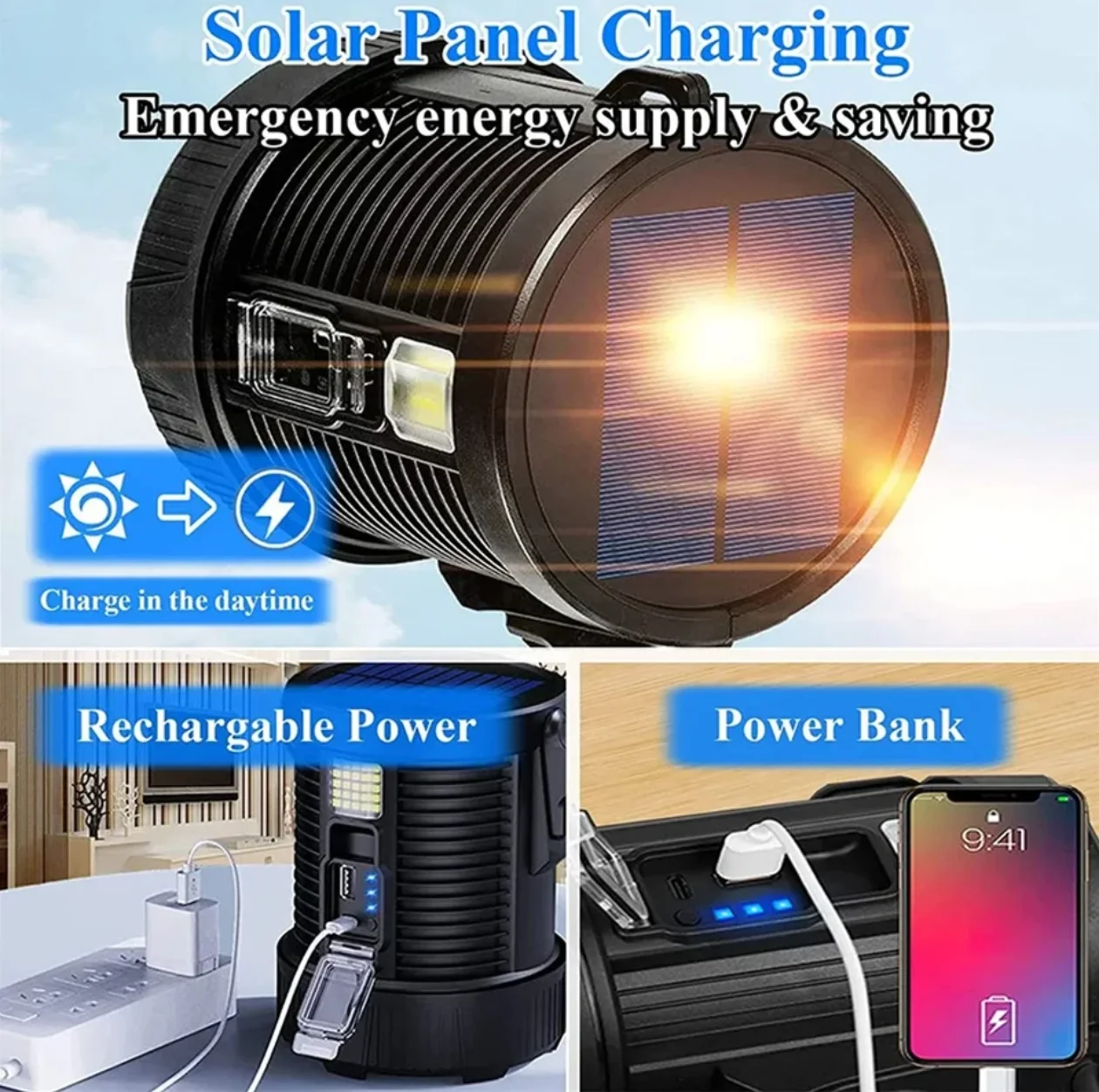 Powerful Rechargeable Led Spotlight 10000mAh Battery Handheld Large Flashlight Super Bright Outdoor Solar Spotlights Searchlight