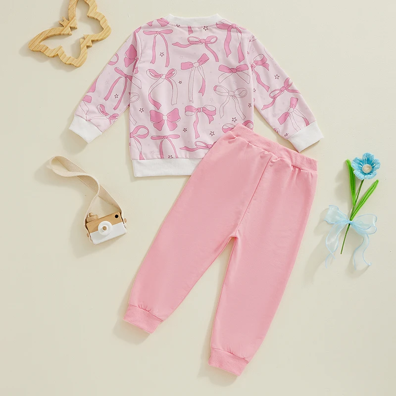 Girls Fall Sets Bow Cherry Print Long Sleeve Round Neck Sweatshirt Drawstring Long Pants Outfits