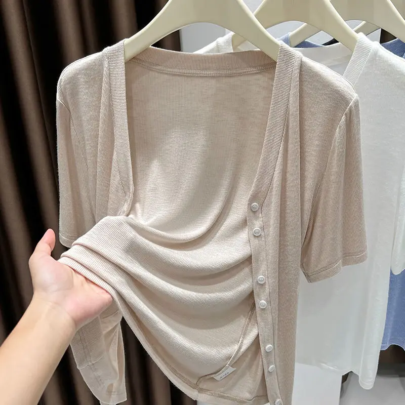 plus Size Knitted Short Sleeve Open Cardigan Women's Summer Outerwear Lightweight UV Protection V-Neck Button-Up Casual Top