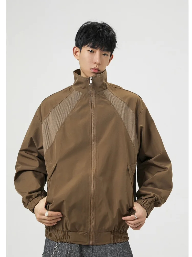 

Loose Fit American Me Tricot Patchwork Stand Collar Jaet Men's plus Size Trendy Spring Autumn Pilot Versatile Outerwear