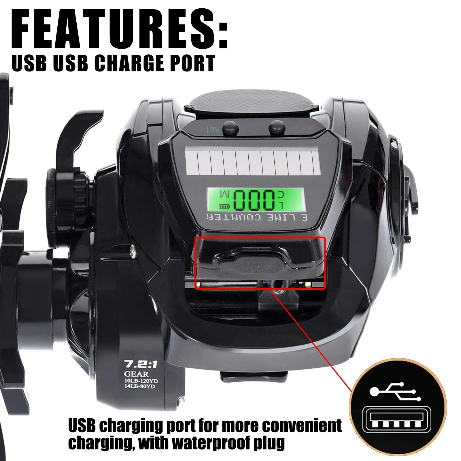 New Electronic Baitcasting Fishing Reel Led Screen USB And Solar Charging 7.2:1 Sea Saltwater Waterproof Cast Drum Wheel Casting