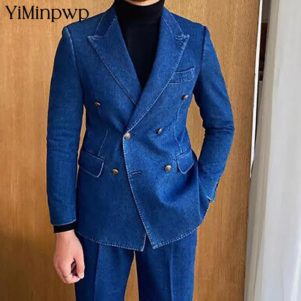 

YiMinpwp Blue Men's Suits Two-Piece Denim Business Slim Fit Formal Wedding Party Groom Office Metal Buttons Suit Sizes XS-5XL