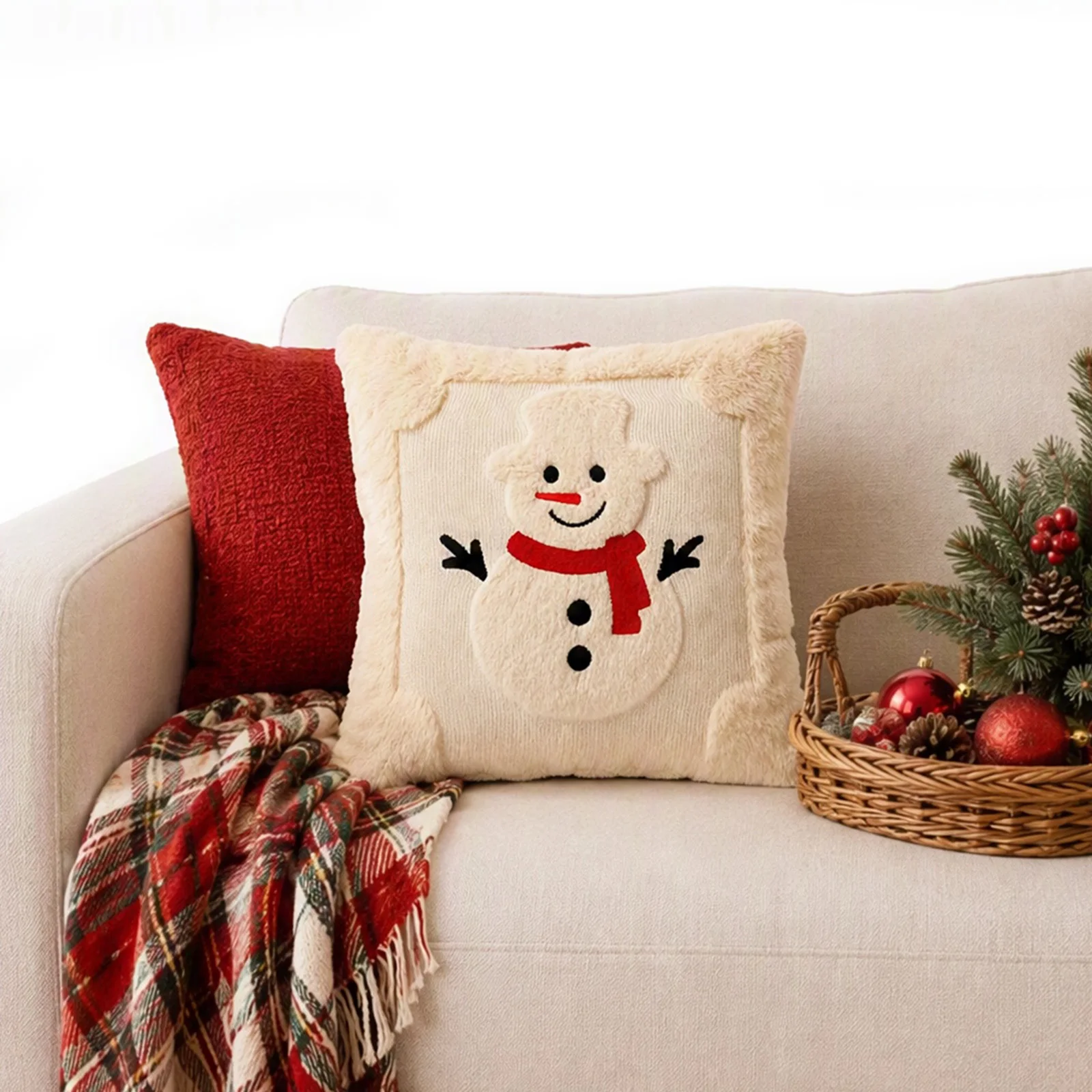 Christmas for SNOWMAN Plush Pillow Cover 18x18 Inch Festive Cushion Case Hidden Zipper Holiday Home Decor Sofa Bed