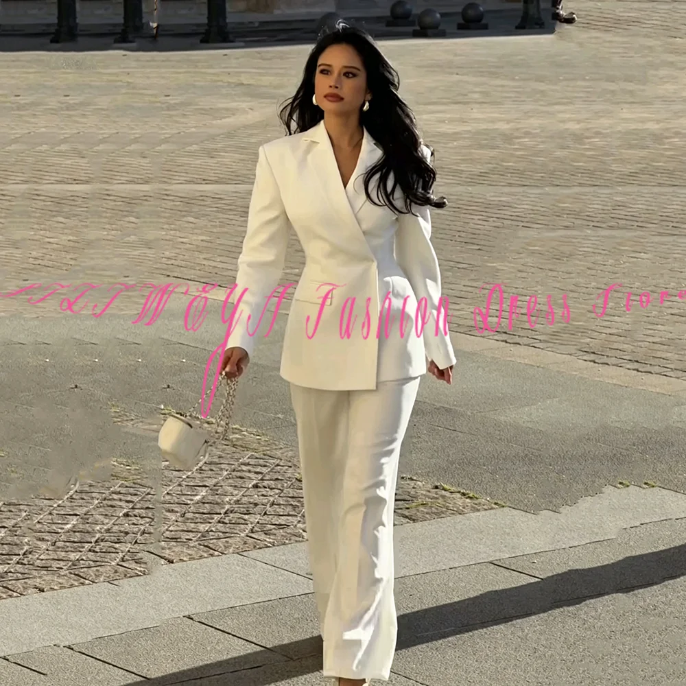 Traje de Pantalón Blanco para Mujer, Lujoso, de 2 Piezas, Chaqueta y Pantalón, Estilo Casual Elegante, para Fiesta Social, Oficina, Conjuntos Chic para Dama