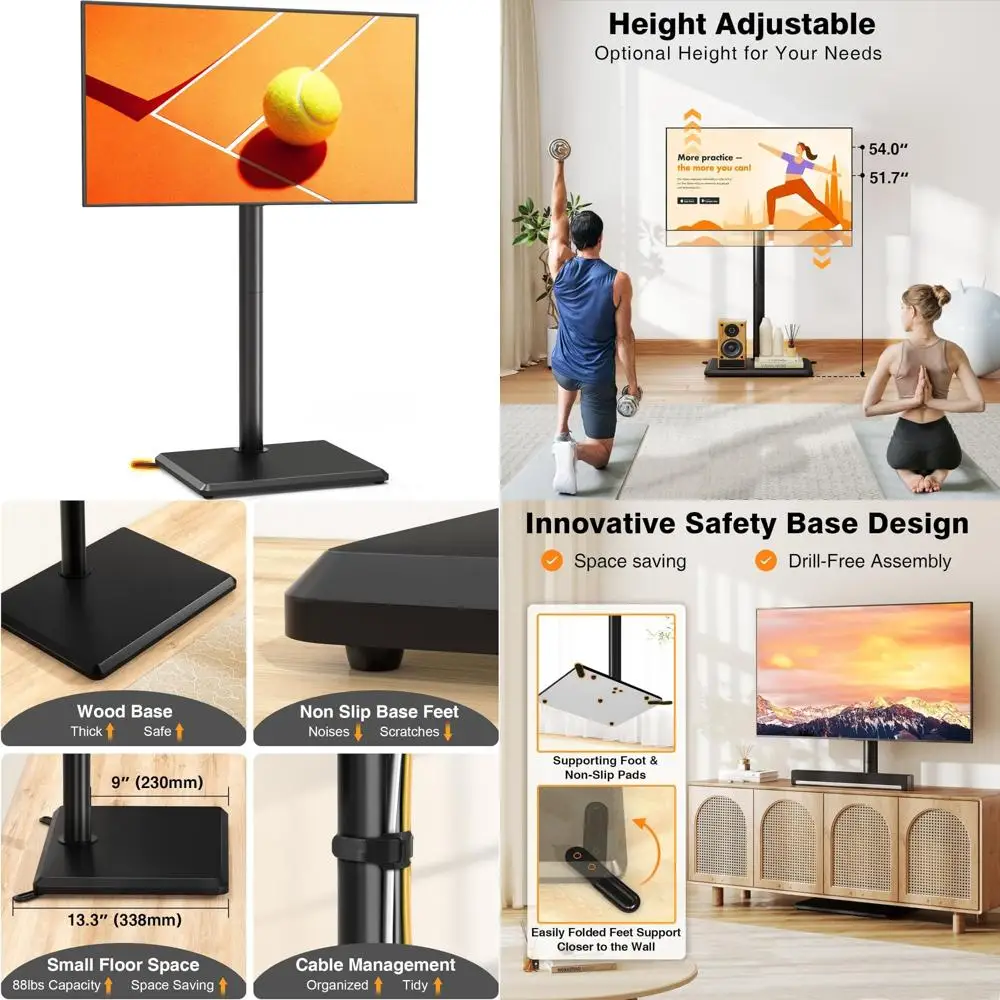 Adjustable Height Swivel Floor TV Stand for 32-60 Inch TVs up to 88 lbs, with Wood Base