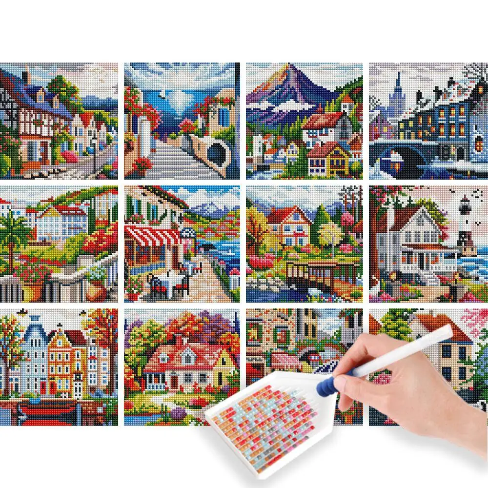HUACAN 12pcs Landscape Diamond Mosaic Town Full Round Mini Diamond Painting Handmade Holiday Gift