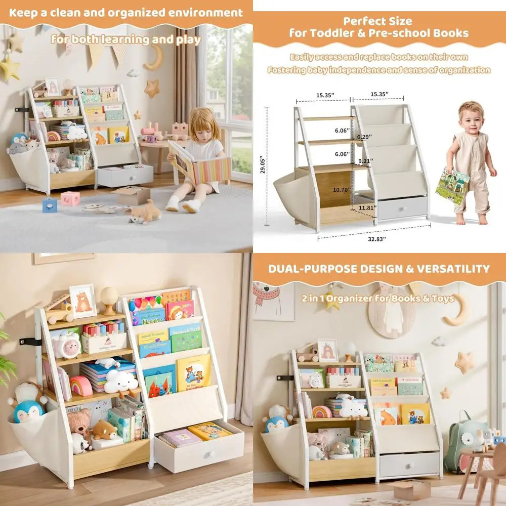 Children's Montessori-Style Book and Toy Storage, Wooden Bookshelf for Kids' Rooms, Nursery Organizer in Burlywood