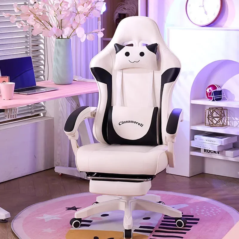 Pink Gaming Chair Girl's Ergonomic Streaming Chair Reclining Computer Desk Lumbar Pillow Cute Office Chair Home Furniture