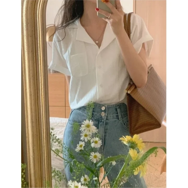 

Korean Sle Gentle Summer Texture ort Sve irt Simple Commute Sle Loose Fit Women's irt Casual Chic Top