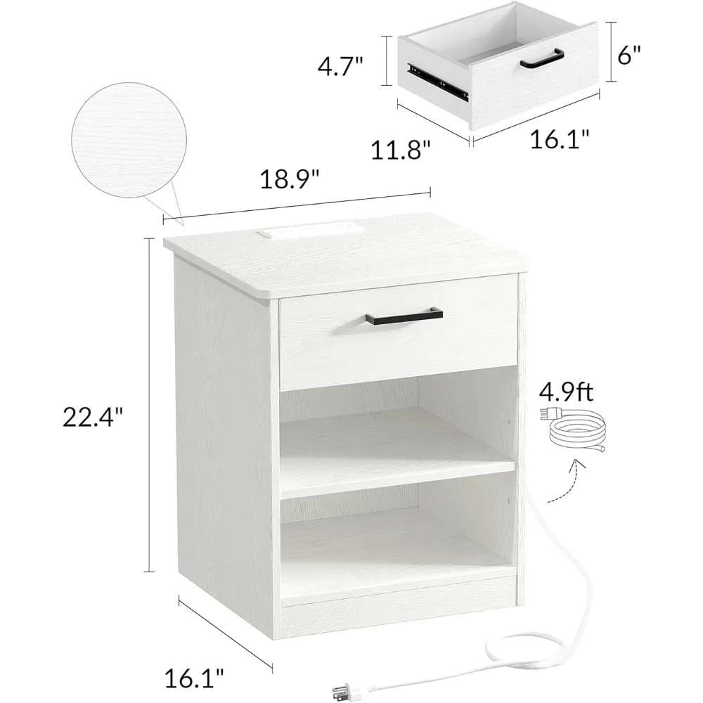 Everyday Side Table with Fast Charging Station - USB C Cable Fast Charging, Wooden White Nightstand Bedside Table with Drawer