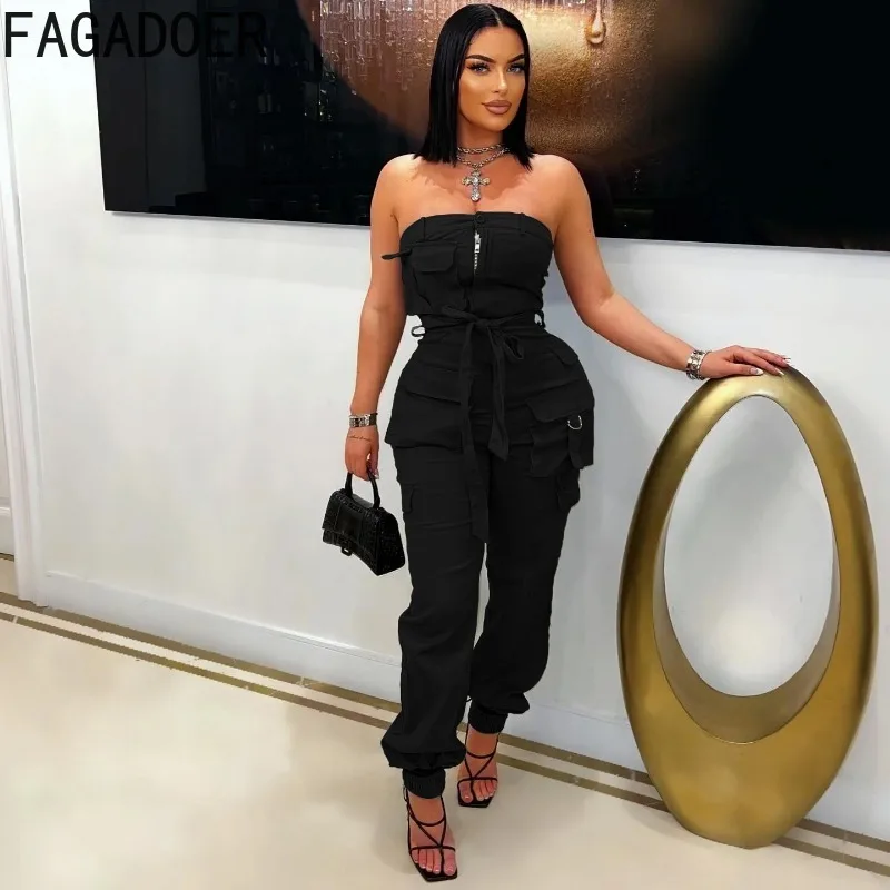 FAGADOER 캐주얼 카고 포켓 패치 워크 점프 슈트 여성 민소매 백 레스 Bodycon Rompers 여성 streetwear 오버올 여름 신작