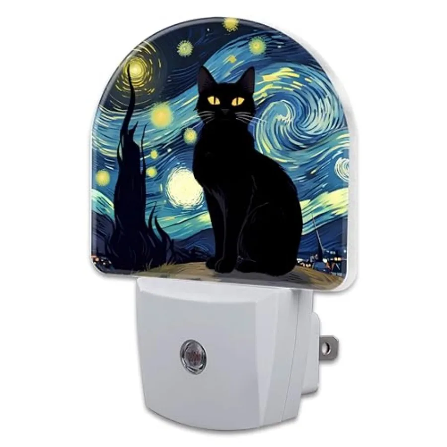 Lámpara Nocturna con Diseño de Gato Negro Noche Estrellada, Enchufable a la Pared, Luz Nocturna Impresionista con Efecto de Pintura al Óleo, Encendido al Anochecer y Apagado al Amanecer, Ahorro de Energía de 0.5w