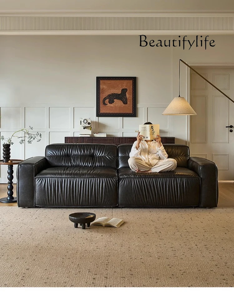 

Retro electric multi-functional leather sofa living room big black beef oil wax leather retractable straight row three people