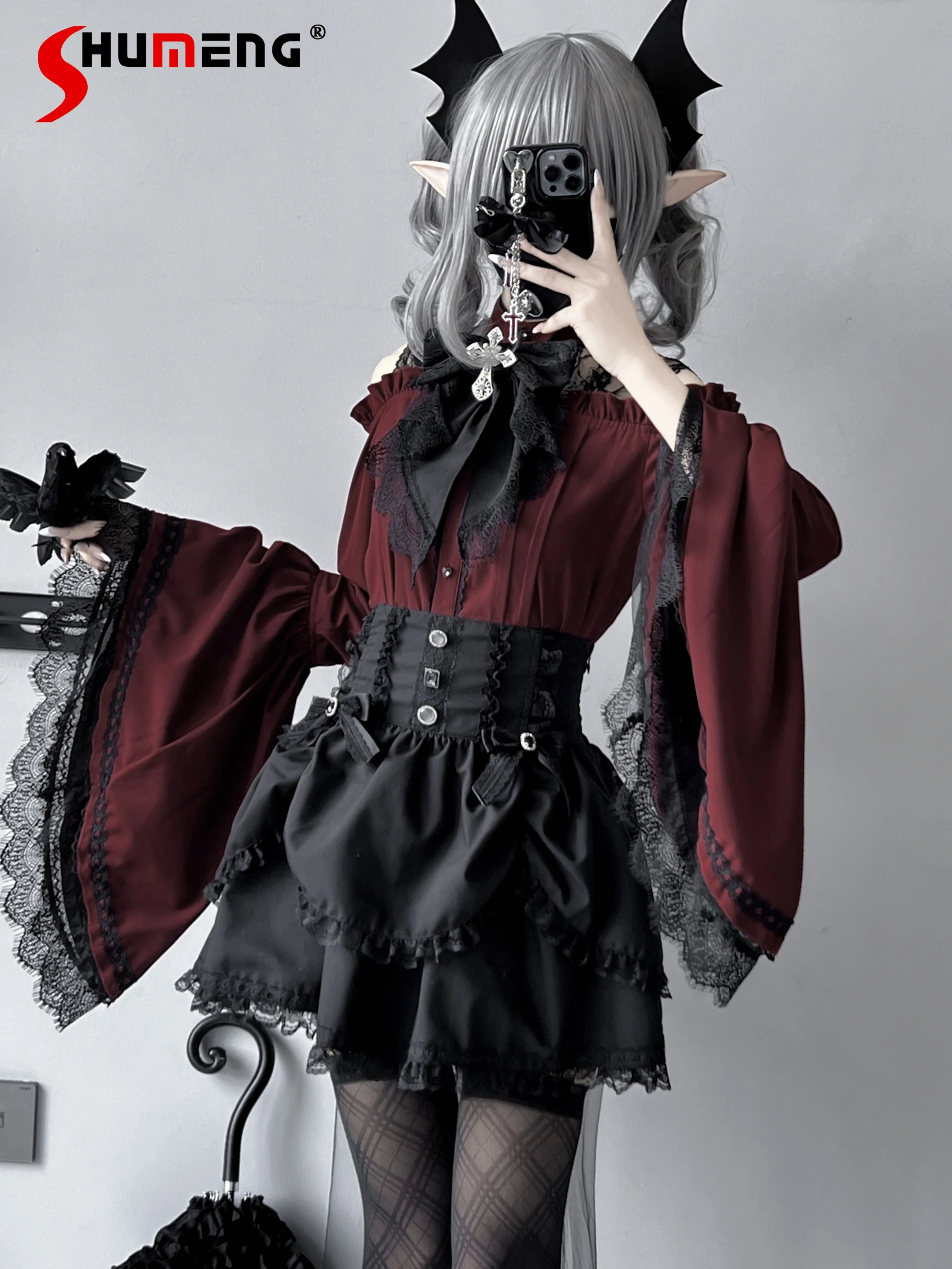 

Japanese Mine Series Mass Production Shirt Lace Splicing Bow Cross Off-the-Shoulder Black Red Long Sleeve Lolita Tops Y2k Skirts