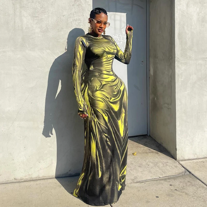 Moda impressão manga longa fino ajuste maxi vestido em torno do pescoço outono 2024 vestido feminino transoceanic estilo transfronteiriço